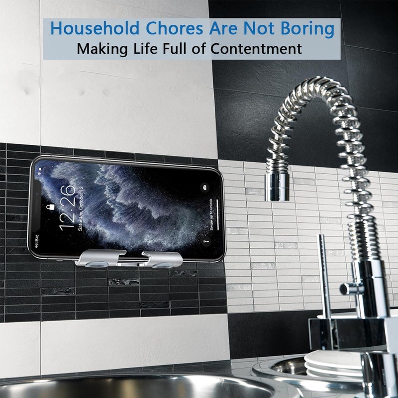 BICEUKI Shower Phone Holder with 2PCS Adhesive Stickers,Wall Mount Phone Stand for Bathroom,Kitchen,Office and More,Compatible with Smartphone (Silver－Gray) - Image 4