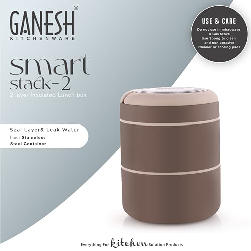 Ganesh Smart Stack 2 Layer Protable Lunch Box Stainless Steel Airtight Leak-Proof Lunch Box for Office, School, Picnic - Brown - 800ml - Image 3