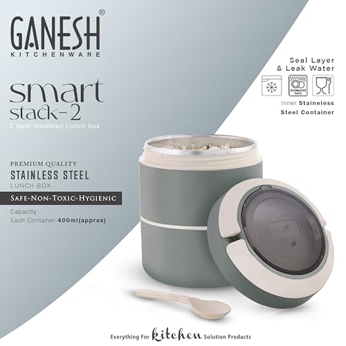 Ganesh Smart Stack 2 Layer Protable Lunch Box Stainless Steel Airtight Leak-Proof Lunch Box for Office, School, Picnic - Brown - 800ml - Image 4