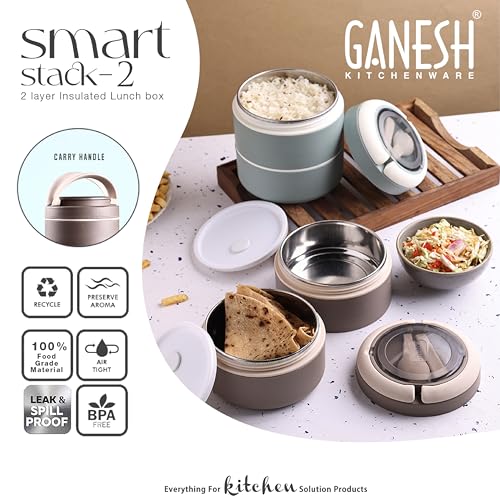 Ganesh Smart Stack 2 Layer Protable Lunch Box Stainless Steel Airtight Leak-Proof Lunch Box for Office, School, Picnic - Brown - 800ml - Image 5