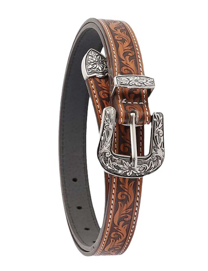 TOPACC Girls Western Belts for Women Brown Cowgirl Belt Cowboy Floral Embossed Thin Skinny Belt for Jeans Dresses Country Concert Outfit - Image 1