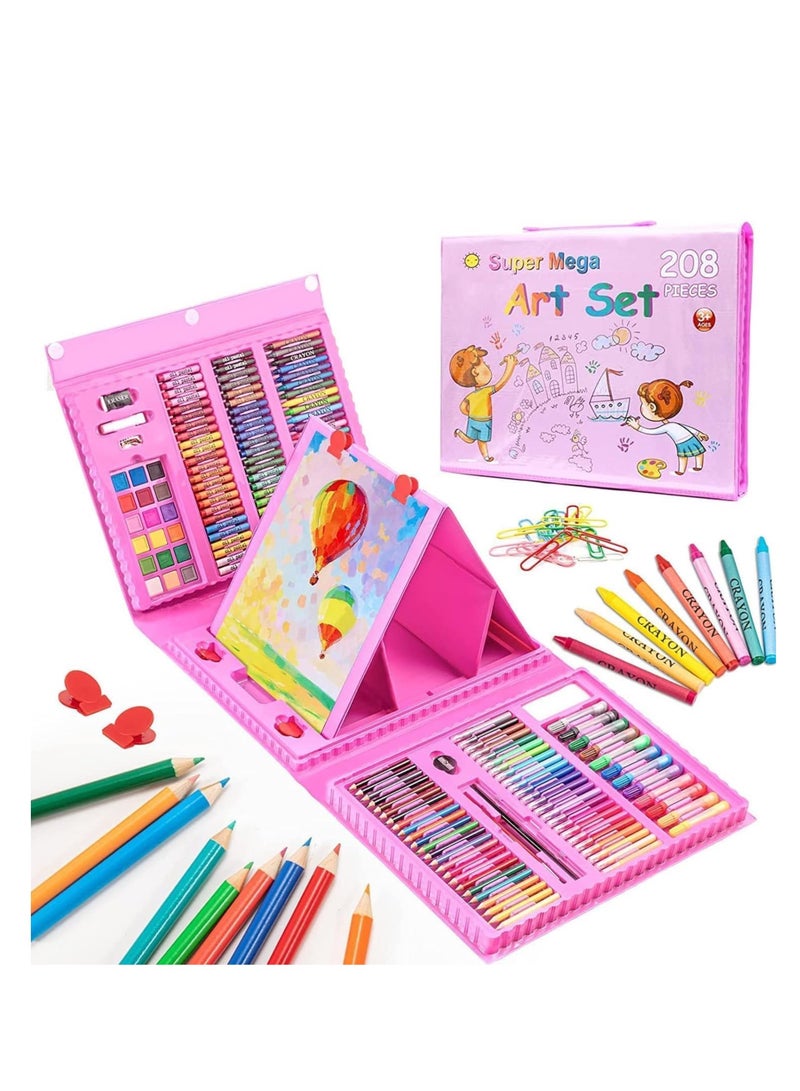 208 pieces of painting set, sketch art supplies, with double-sided three fold easel, oil painting stick, crayon, colored pencil, watercolor painting, suitable for children, teenagers, girls and boys, artist (pink) - Image 1
