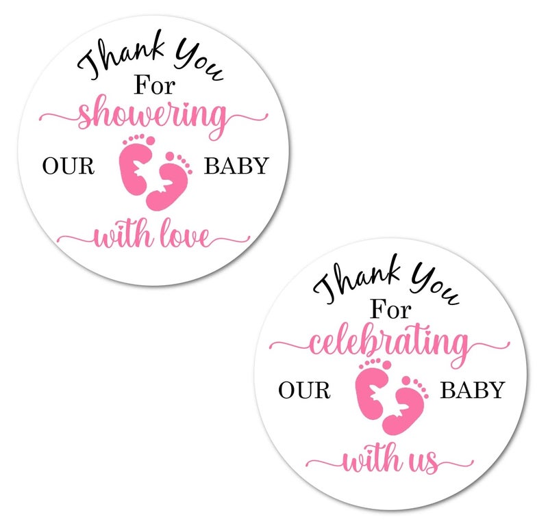 40 Thank You for Showering Our Baby with Love Stickers 2 Inch Big Round Glossy Labels Pink Footprints Theme for Girl Great for Party Favors Tags Games and Supplies Made in USA