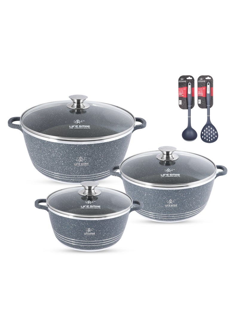 Life Smile Nonstick Cookware Set 8 pcs Cookwares with Stainless steel rim-Oven safe Pots and Pans set-Granite Coating Cooking Pots set Includes 24cmx4.1L Casserole with Lid, 28cmx6.7LCasserole with Lid, , 32cmx9.5L Casserole with Lid & 2pcs Silicone Utensils Contains 32x8.5cm Soup ladle & 34.5x10cm Skimmer  - Image 1