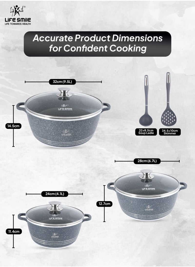 Life Smile Nonstick Cookware Set 8 pcs Cookwares with Stainless steel rim-Oven safe Pots and Pans set-Granite Coating Cooking Pots set Includes 24cmx4.1L Casserole with Lid, 28cmx6.7LCasserole with Lid, , 32cmx9.5L Casserole with Lid & 2pcs Silicone Utensils Contains 32x8.5cm Soup ladle & 34.5x10cm Skimmer  - Image 3