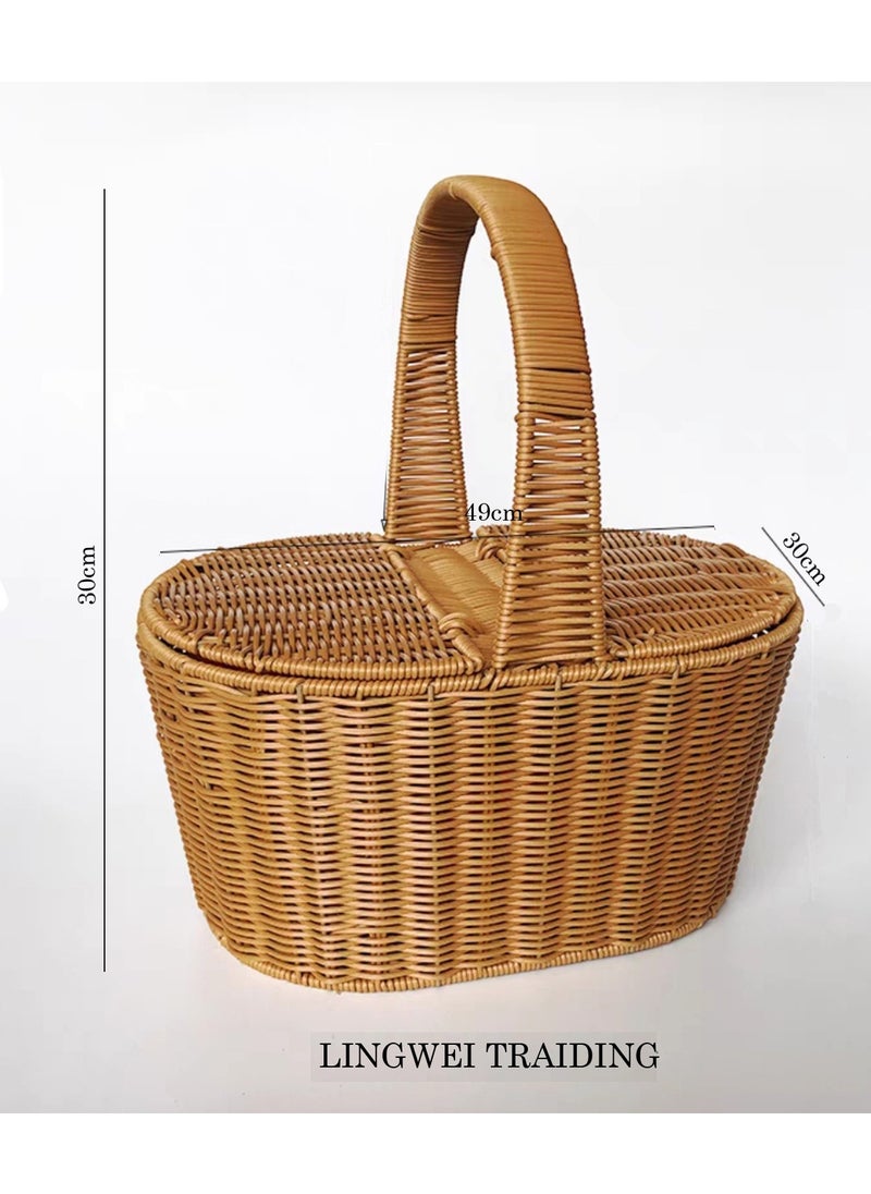 LINGWEI - Outdoor Picnic Storage Basket Picnic Basket Fruit Basket Storage Basket With Double Lid and Handle - Image 1