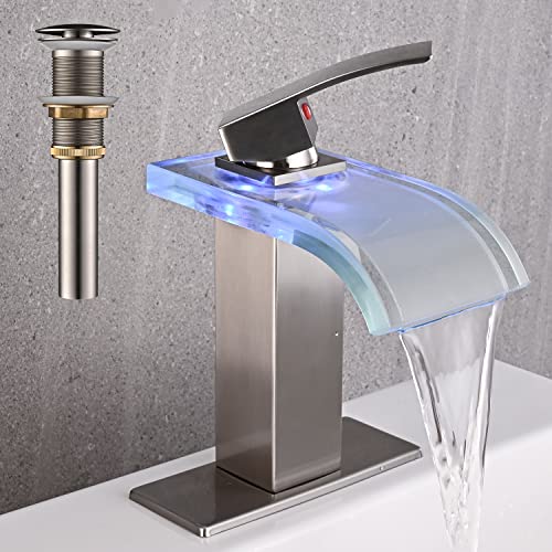 AVSIILE LED Bathroom Sink Faucet, Brushed Nickel Waterfall Single Hole Handle Vanity Faucets for Sinks 1 Hole with Metal Pop Up Drain and 2 Water Supply Lines, Wide Glass Spout - Image 1