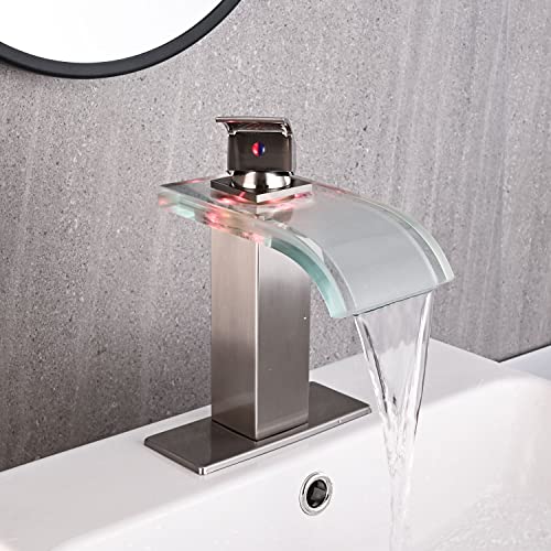 AVSIILE LED Bathroom Sink Faucet, Brushed Nickel Waterfall Single Hole Handle Vanity Faucets for Sinks 1 Hole with Metal Pop Up Drain and 2 Water Supply Lines, Wide Glass Spout - Image 3