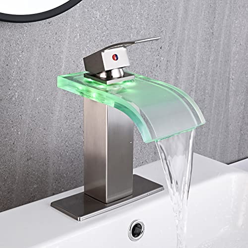 AVSIILE LED Bathroom Sink Faucet, Brushed Nickel Waterfall Single Hole Handle Vanity Faucets for Sinks 1 Hole with Metal Pop Up Drain and 2 Water Supply Lines, Wide Glass Spout - Image 2