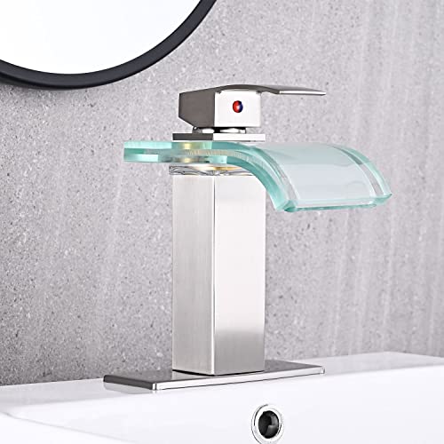 AVSIILE LED Bathroom Sink Faucet, Brushed Nickel Waterfall Single Hole Handle Vanity Faucets for Sinks 1 Hole with Metal Pop Up Drain and 2 Water Supply Lines, Wide Glass Spout - Image 5