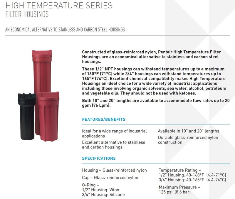 Pentek Pentair Pentek 150015 High Temperature Filter Housing, 3/4" NPT #10 Standard Glass-Reinforced Nylon Water Filter Housing, 10-Inch, Red/Red - Image 2