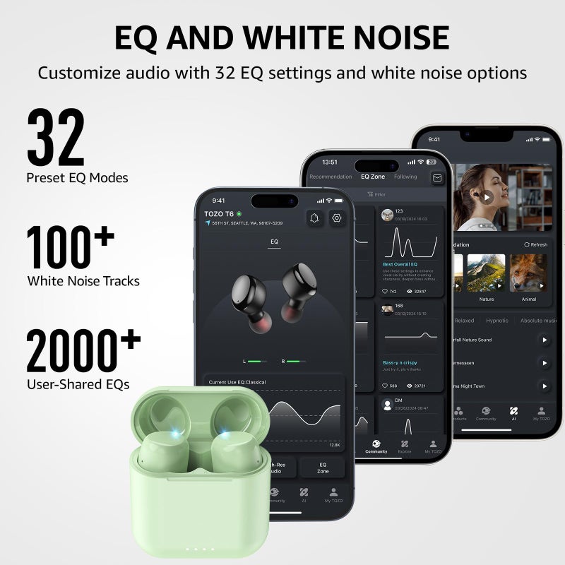 TOZO T6 Wireless Earbuds, Bluetooth 5.3 Ear Buds, Stereo Sound in Ear Headphones, 50 Hours Playtime, Wireless Charging Case, APP Customizable EQs, IPX8 Waterproof Earphones - Image 3