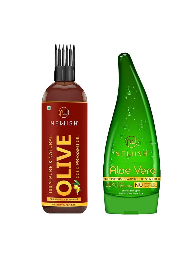 Newish - Pure Aloe Vera Gel For Face Glow, Hair Growth & Skin Moisturizer For Women & Men, 130 Ml & Pure Cold Pressed Olive Oil For Hair And Skin,200Ml - Image 1