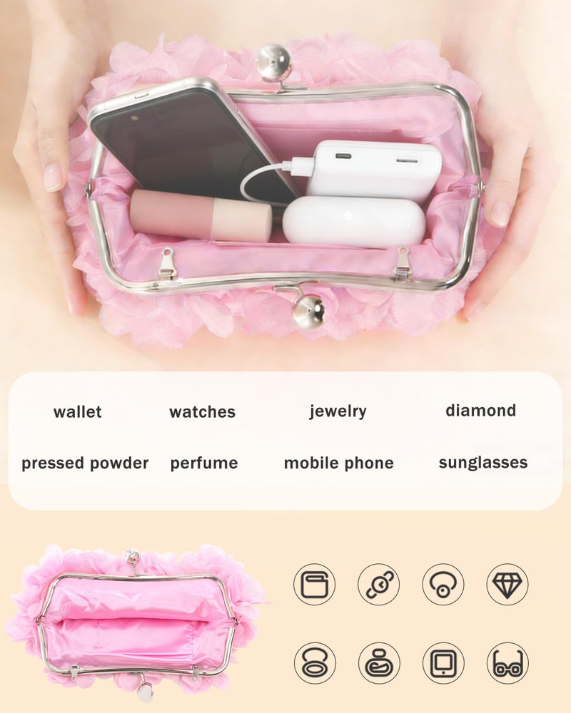 JAMBHALA Women Elegant Evening Purse, Small Floral Clutch Bag with Detachable Chain for Wedding, Party, Prom (Pink) - Image 5
