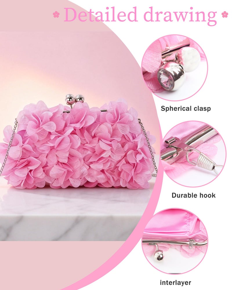 JAMBHALA Women Elegant Evening Purse, Small Floral Clutch Bag with Detachable Chain for Wedding, Party, Prom (Pink) - Image 3