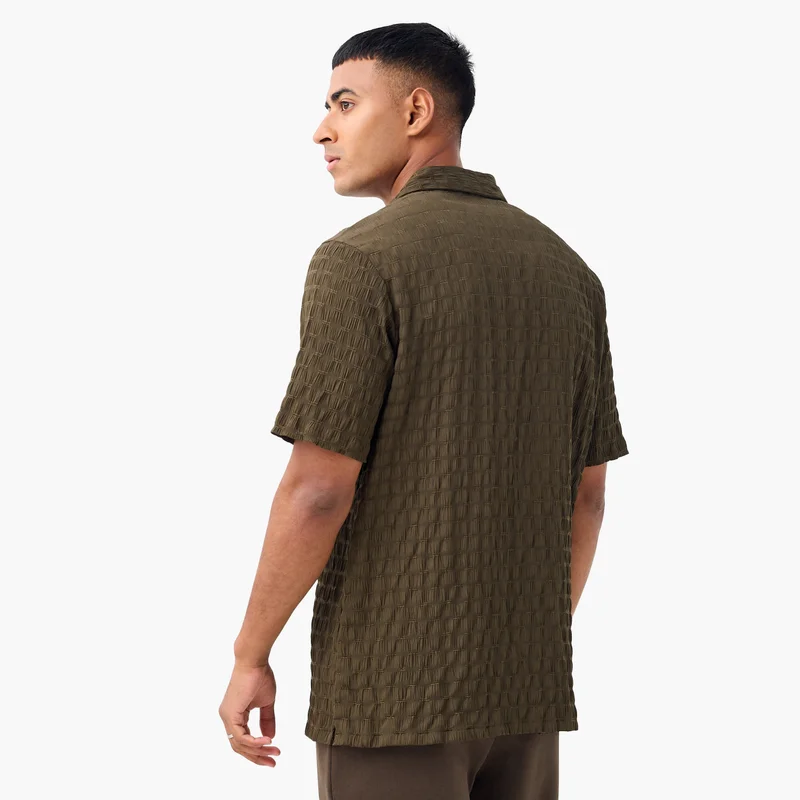 Splash FAV Regular Fit Dobby Textured Shirt with Camp Collar and Short Sleeves