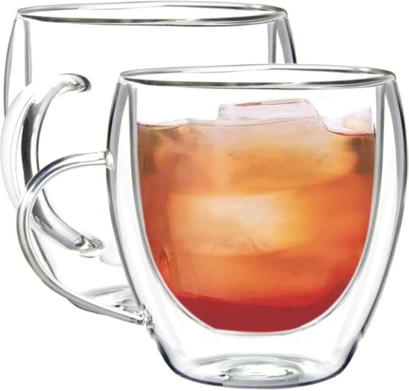 MARKQUES Double Wall Glass Mug for Coffee Tea Latte with Handle | Borosilicate Glassware for Hot and Cold Beverages Glass Mugs Cups | (250ml - Pack of 2)