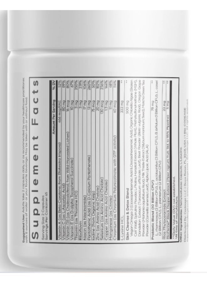 Codeage Clearface Pantothenic Acid, Niacin Supplement, Vitamins A, C, D3, E, Probiotics, Zinc, Riboflavin, Thiamin, L-Lysine HCL & Omega-3, Niacinamide, Skin Botanical Blend - Non-GMO - 90 Capsules - Image 2