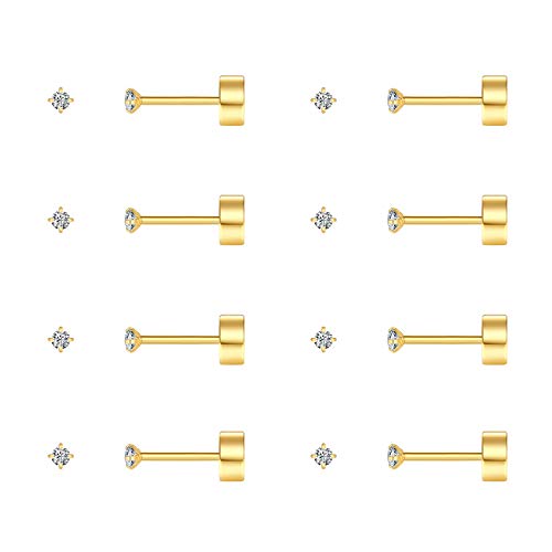 FOSIR 2mm Tiny Hypoallergenic Flat Back Earrings for Women Men 14K Gold Plated Stainless Steel Stud Earrings Cubic Zirconia Studs Cartilage Earrings for Sensitive Ears - Image 1