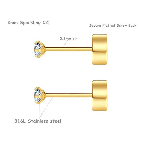FOSIR 2mm Tiny Hypoallergenic Flat Back Earrings for Women Men 14K Gold Plated Stainless Steel Stud Earrings Cubic Zirconia Studs Cartilage Earrings for Sensitive Ears - Image 2