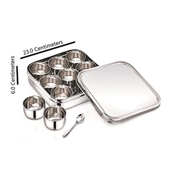 Dibha Stainless Steel Square Shape Masala BoxMasala Dabba With Nine Cups Spoon Spice ContainersKitchen Storage Condiment Box L23 X W23 X H6 Cm Large 2500 Ml Silver - Image 3