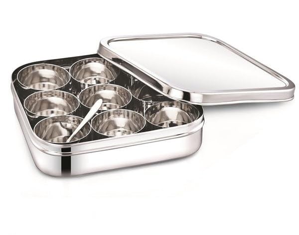 Dibha Stainless Steel Square Shape Masala BoxMasala Dabba With Nine Cups Spoon Spice ContainersKitchen Storage Condiment Box L23 X W23 X H6 Cm Large 2500 Ml Silver - Image 1