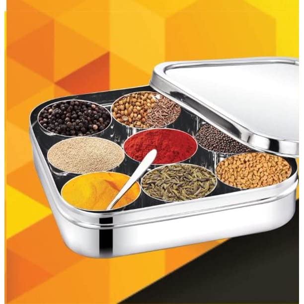 Dibha Stainless Steel Square Shape Masala BoxMasala Dabba With Nine Cups Spoon Spice ContainersKitchen Storage Condiment Box L23 X W23 X H6 Cm Large 2500 Ml Silver - Image 4
