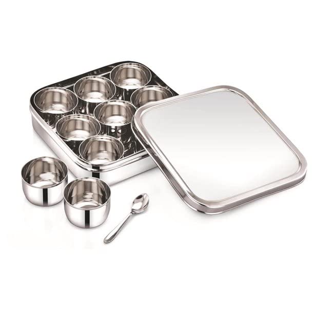 Dibha Stainless Steel Square Shape Masala BoxMasala Dabba With Nine Cups Spoon Spice ContainersKitchen Storage Condiment Box L23 X W23 X H6 Cm Large 2500 Ml Silver - Image 2