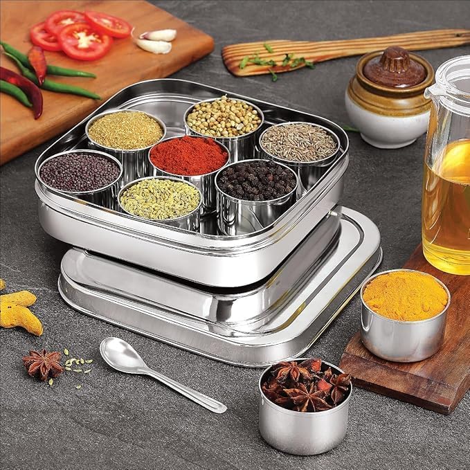 Dibha Stainless Steel Square Shape Masala BoxMasala Dabba With Nine Cups Spoon Spice ContainersKitchen Storage Condiment Box L23 X W23 X H6 Cm Large 2500 Ml Silver - Image 5