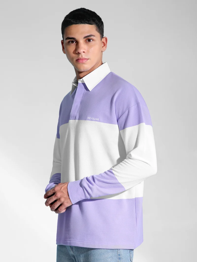 Beyoung Lavender Striped Polo Sweatshirt