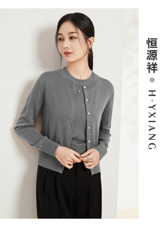 Hengyuanxiang Machine Washablewomen'S Round Neck Knitted Button Cardigan Spring/Autumn Outerwear Top Coat - Image 1