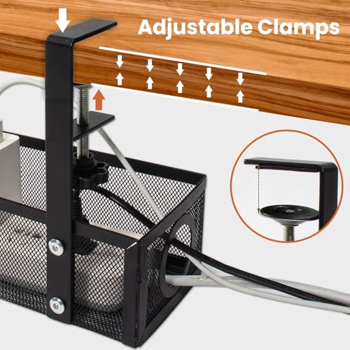 Dyazo Under Desk Cable Management Tray | No-Drill Metal Mesh Rack with Clamp Mount | Wire Organizer Holder for Power Strips & Network Cables | Includes Zip Ties & Cable Clips for Home/Office – Black - Image 3