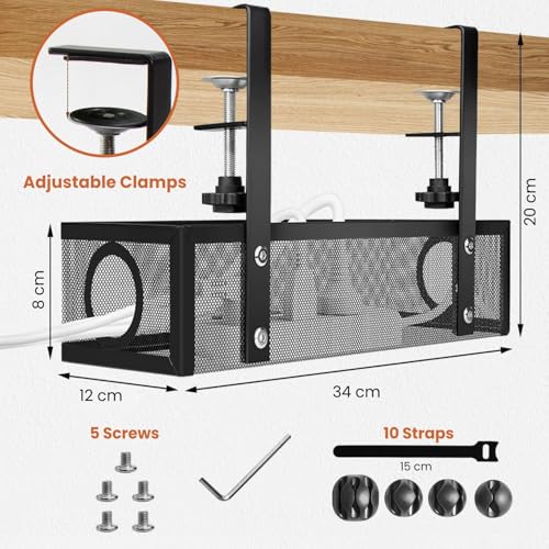 Dyazo Under Desk Cable Management Tray | No-Drill Metal Mesh Rack with Clamp Mount | Wire Organizer Holder for Power Strips & Network Cables | Includes Zip Ties & Cable Clips for Home/Office – Black - Image 2