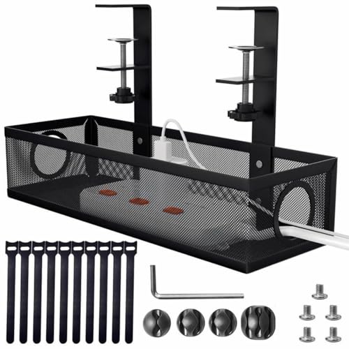 Dyazo Under Desk Cable Management Tray | No-Drill Metal Mesh Rack with Clamp Mount | Wire Organizer Holder for Power Strips & Network Cables | Includes Zip Ties & Cable Clips for Home/Office – Black - Image 1