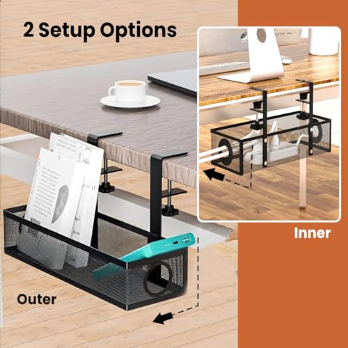 Dyazo Under Desk Cable Management Tray | No-Drill Metal Mesh Rack with Clamp Mount | Wire Organizer Holder for Power Strips & Network Cables | Includes Zip Ties & Cable Clips for Home/Office – Black - Image 5