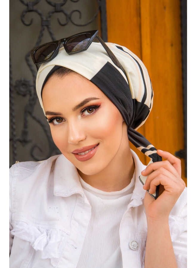 Aişe Tesettür Aisha Hijab Black Cream Pattern Cross Bonnet  - Image 1