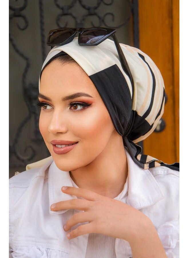 Aişe Tesettür Aisha Hijab Black Cream Pattern Cross Bonnet  - Image 2