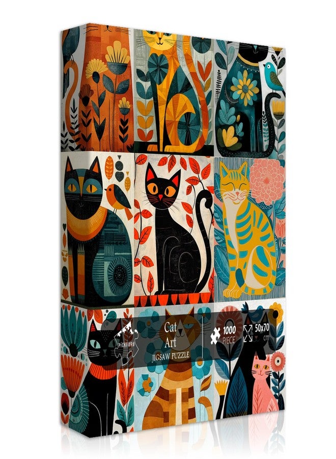 PICKFORU Cat Jigsaw Puzzle 1000 Pieces for Adults, Colorful Folk Art Kitten Puzzle, Modern Geometric Animal Jigsaw Puzzle, Kitty Wall Art Collage Puzzle Challenge - Image 1