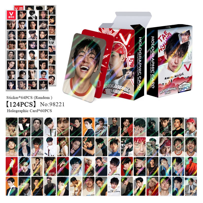 BTS V 124PCS Holographic Cards & Star Stickers Set – 60PCS Holographic LOMO Cards + 64PCS Random Celebrity Stickers for DIY Scrapbooking, Album Decoration, Journaling, and Birthday Gift for Teens
