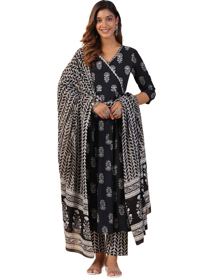 Tee Projekt Women's Cotton Blend V-Neck Anarkali Kurta Pant with Dupatta Set Black - Image 1
