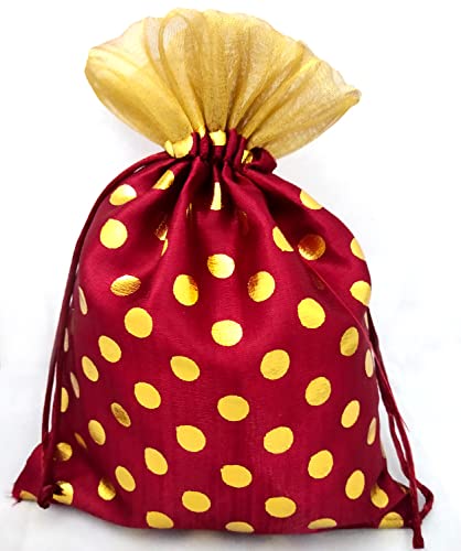 3A FEATURETAIL Fabric 18Cm X 24Cm Large Polka Dot Drawstring Bags Pouches Potli For Gift Wedding Jewelry Packaging Bridal Favors For Women (10Pc Set, Maroon Color With Golden Dot) - Image 5