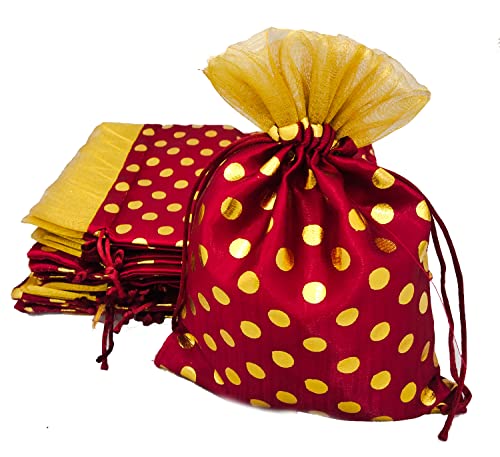 3A FEATURETAIL Fabric 18Cm X 24Cm Large Polka Dot Drawstring Bags Pouches Potli For Gift Wedding Jewelry Packaging Bridal Favors For Women (10Pc Set, Maroon Color With Golden Dot) - Image 1