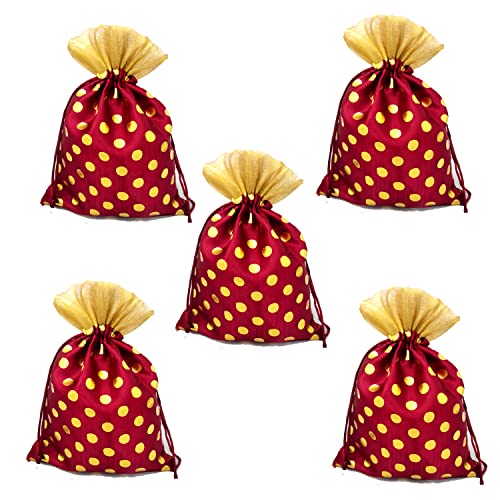 3A FEATURETAIL Fabric 18Cm X 24Cm Large Polka Dot Drawstring Bags Pouches Potli For Gift Wedding Jewelry Packaging Bridal Favors For Women (10Pc Set, Maroon Color With Golden Dot) - Image 3