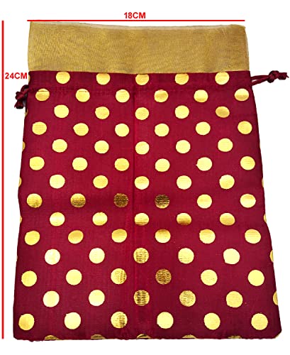 3A FEATURETAIL Fabric 18Cm X 24Cm Large Polka Dot Drawstring Bags Pouches Potli For Gift Wedding Jewelry Packaging Bridal Favors For Women (10Pc Set, Maroon Color With Golden Dot) - Image 2