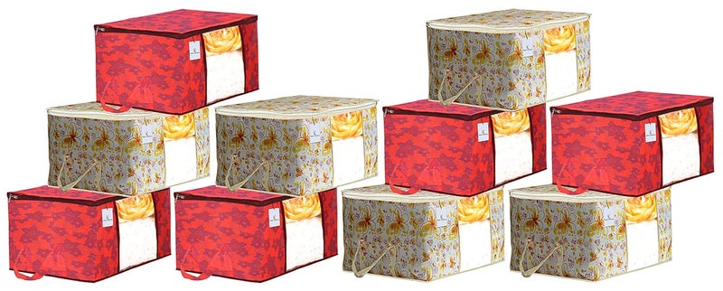 Kuber Industries Metalic Printed 10 Piece Non Woven Fabric Underbed Storage BagCloth OrganiserBlanket Cover with Transparent Window Ivory Red Red CTKTC41236 - Image 1