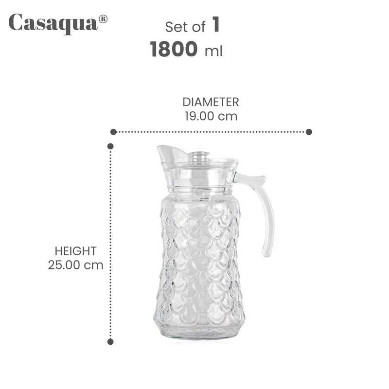 CASAQUA Glass Water Jug with Lid - Transparent Crystal Clear Sturdy Glass jug, Pitcher for Hot Water, iced Tea, Juice, Cocktail, Mocktail, Beverages, for Dining Table (1800ML, Set of 1, Bubble Shape) - Image 4
