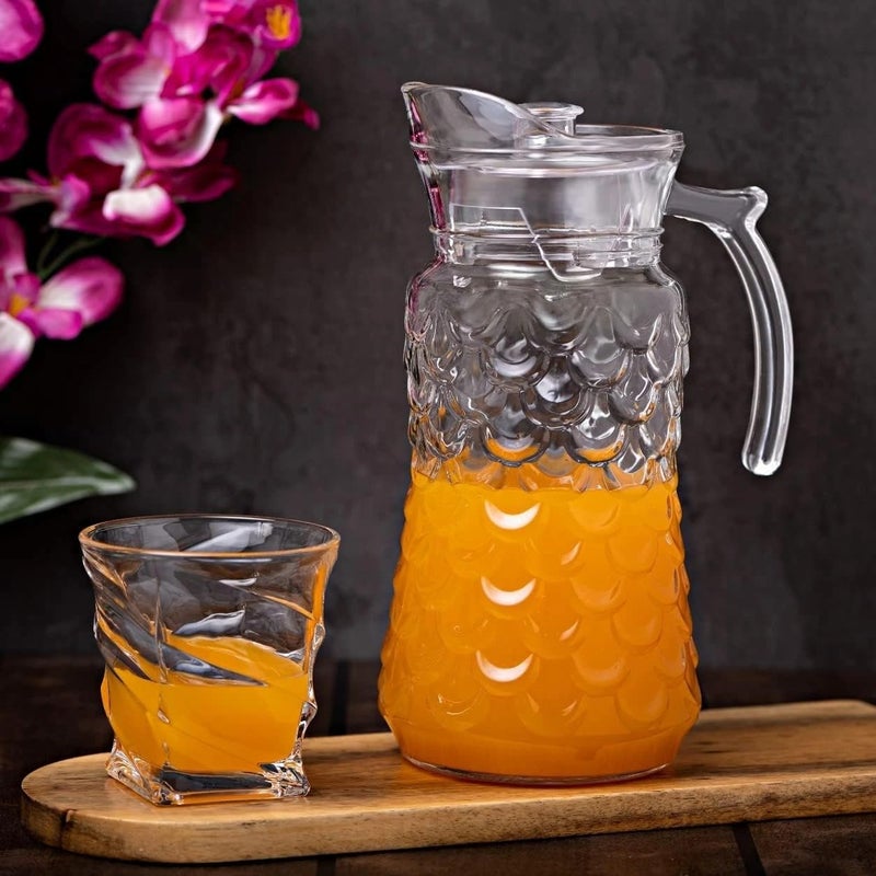 CASAQUA Glass Water Jug with Lid - Transparent Crystal Clear Sturdy Glass jug, Pitcher for Hot Water, iced Tea, Juice, Cocktail, Mocktail, Beverages, for Dining Table (1800ML, Set of 1, Bubble Shape) - Image 2