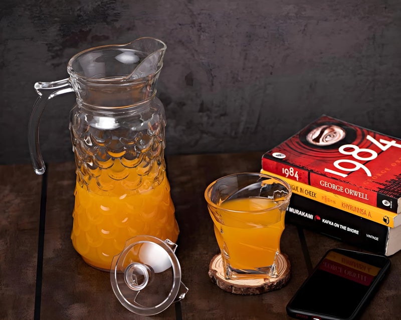 CASAQUA Glass Water Jug with Lid - Transparent Crystal Clear Sturdy Glass jug, Pitcher for Hot Water, iced Tea, Juice, Cocktail, Mocktail, Beverages, for Dining Table (1800ML, Set of 1, Bubble Shape) - Image 3