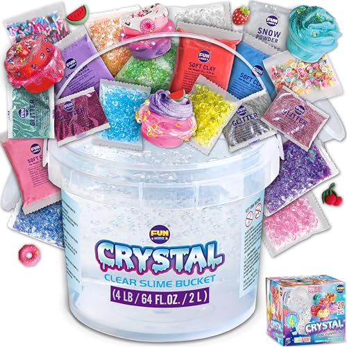 FUN KIDZ 4 LB Huge Glassy Clear Slime Bucket Toy for Kids, FunKidz 64 FL OZ Premade Big Crystal Slime Pack Gift with 29 Sets Add-ins Jumbo Slime Kit for Girls Boys Party Present - Image 1