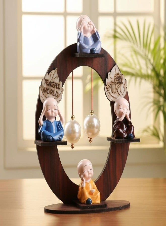 Floweraura Decorative Set of 4 Adorable Buddha Monks On Wooden Stand with Pearls for Peaceful Home Decor & Office Decor, Special Gifting, Ideal for Living Room, Meditation Spaces & Special Occasions - Image 2